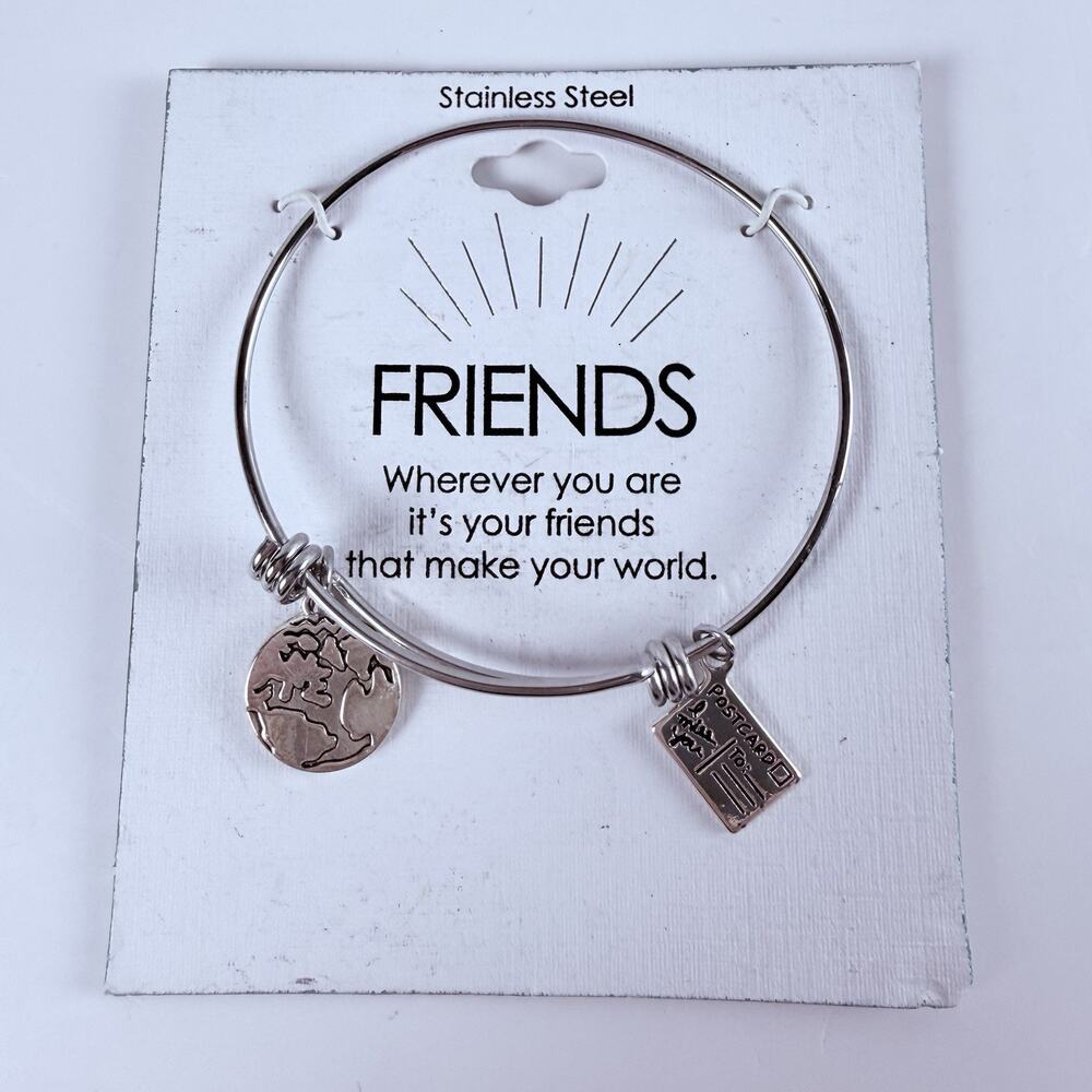 NWT Stainless Steel Best Friends Charm Bangle Bracelet Postcard World